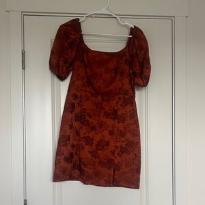 Floral Puff Sleeve Dress - Rust Red